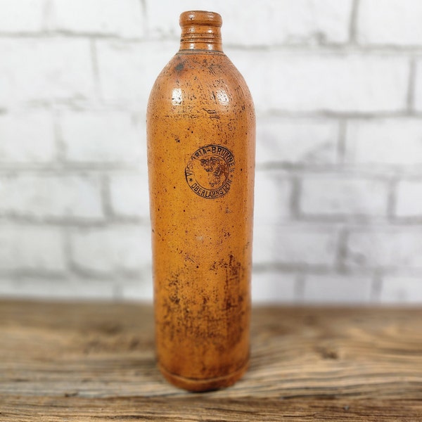 Antique German Stoneware Mineral Water Bottle. Victoria Brunnen Oberlahnsteine ceramic jug with handle.