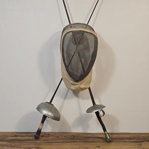 Vintage Leon Paul Fencing Mask & Épées – Mid Century Sports Relics, Industrial Wall Decor