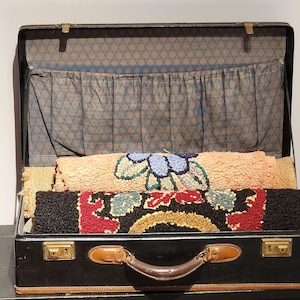 Vintage 1950s Leather Suitcase – Black and Brown Travel Luggage – Midcentury Carry On Case – Retro Prop or Storage
