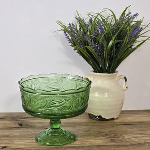 Vintage Green Glass Compote M6000 | EO Brody Pedestal Dish with Scalloped Edge | 1960s Cleveland Glass Candy Bowl