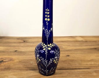 Vintage Cobalt Blue Glass Vase, Hand Painted Floral Decor, Tall Bohemian Style Bottle Vase