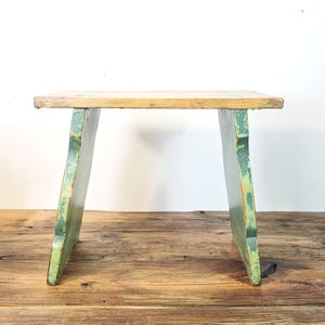 Primitive Quebec Milking Stool, Antique Rustic Wood Bench, Folk Farmhouse Stool, Painted Wooden Plant Stand