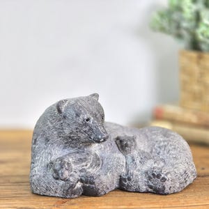 Vintage Hand Carved Stone Bear Sculpture, Mother Bear & Cubs, Cabin Lodge Decor, Handmade in Canada, Wolf Originals