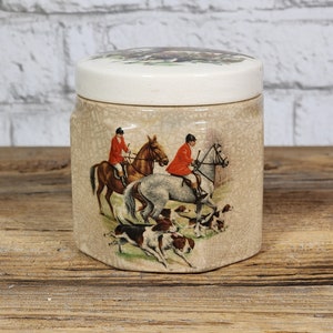 Vintage Oxford-marmeladepot – Sandland-pot uit de jaren 1930 met scène met vossenjacht – Engels Ironstone keukendecor.