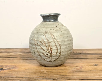 Vintage hand-thrown studio pottery vase, stoneware ceramic with incised abstract design