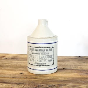 Antique Louis Mercier Stoneware Jug, Quebec Advertising Crock, Toronto Pottery Co, Early Canadian Stoneware