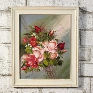 Vintage oil painting on bord, bouquet of roses signed Chon