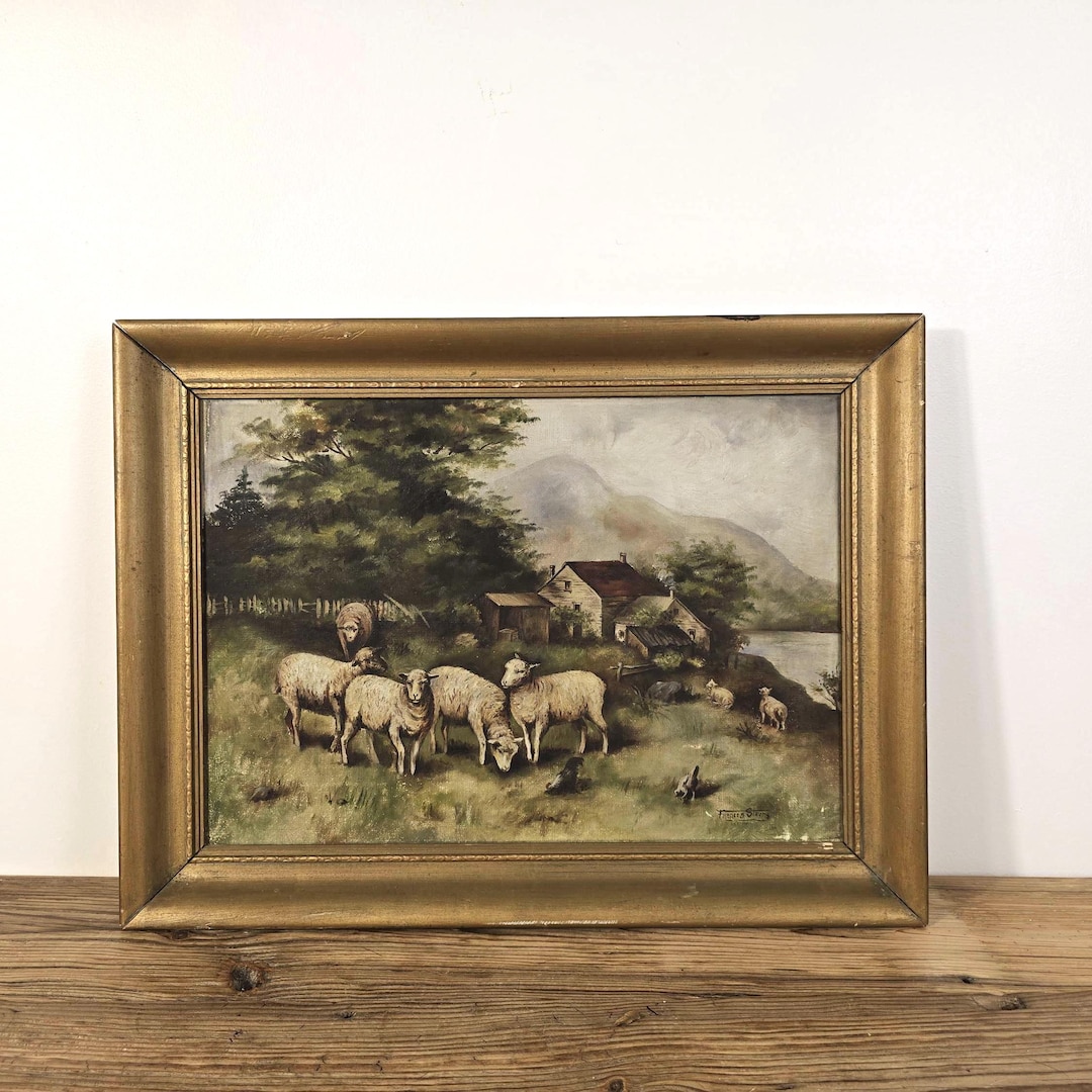 Vintage Framed Sheep Oil Painting – Pastoral Farm Scene – Rustic Wall ...