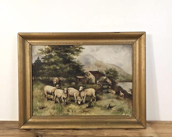 Vintage ingelijst schapenolieverfschilderij – pastorale boerderijscène – rustieke muurkunst – landschap