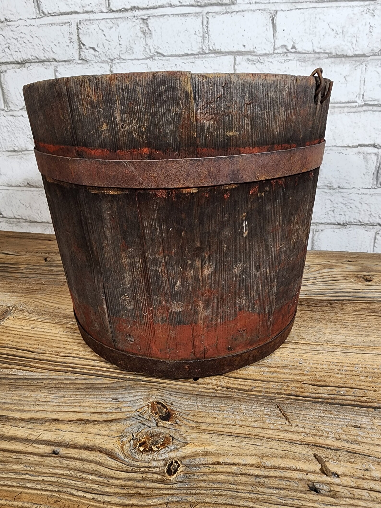 Antique Wood Sap Bucket With Remnents of Oyster White and Red Etsy Canada