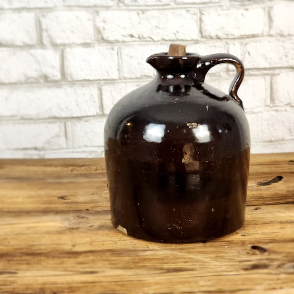 Primitive Antique stoneware jug crock pottery, one gallon brown moonshine crock