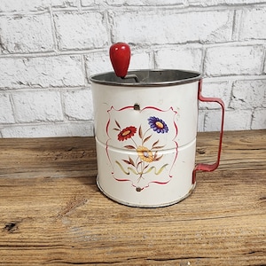 Vintage 1950s Androck Canada Flour Sifter - Triple Sifter Tin with Floral Graphics