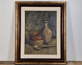 Vintage Still Life Oil Painting, Pottery and Earthenware, Signed Victor Zicha, Rustic Kitchen Wall Art