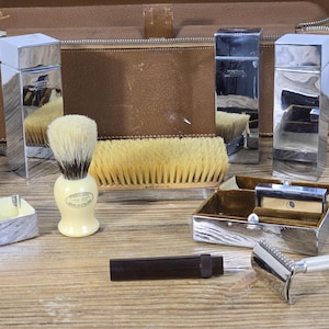Vintage Men&#39;s Grooming Kit Birk England | Chrome Travel Set with Razor, Brushes, Bottles & Case