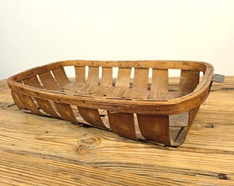 Antique Harvest Basket, Rectangular Splint Gathering Basket with Metal Handles