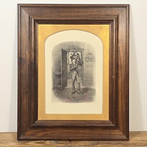 Fotograbado antiguo “Tiny Tim & Bob Cratchit” – Arte navideño victoriano enmarcado