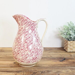 Antique Red Spongeware Pitcher, Primitive Quebec Pottery, Farmhouse Water Jug, 19th Century Decor