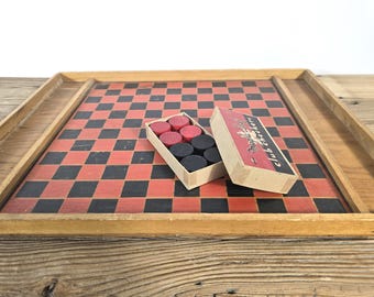 Vintage Wood Checkers Set, 1970s Wooden Game Board with Original Pieces, Red Black Checkerboard, Family Game Night Decor