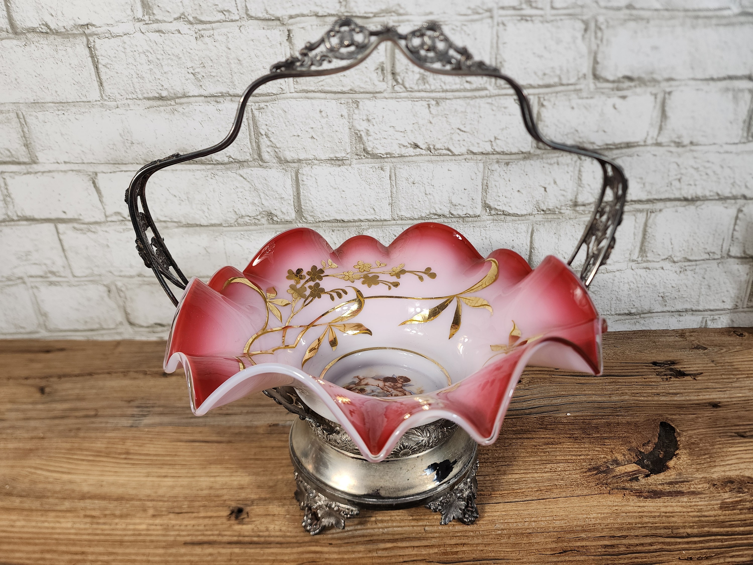 Antique Glass Bride's Bowl with Silver Plated Basket | Late 1800s | Victorian Bridal Gift | Ornate Wedding Decor