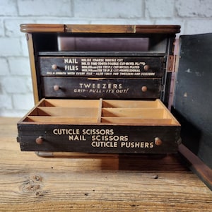 Antique 1930s Wooden Display Cabinet – La Cross Nail File Store Counter with Drawers – General Store Advertising Case – Vintage Film Prop