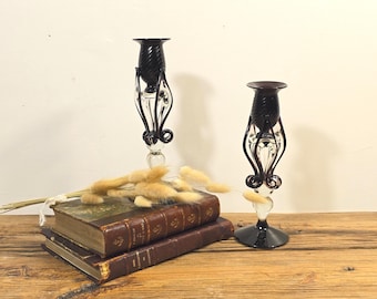 Murano Style Art Glass Candlesticks Pair, Black & Clear Hand Blown Venetian Glass, Mid Century Modern Decor.
