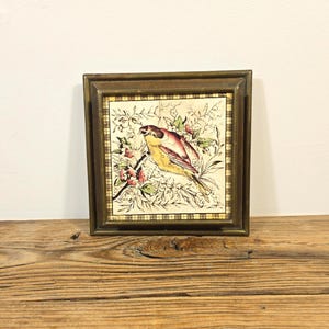 Victorian Ceramic Bird Tile – Brass Footed Trivet Wall Plaque – Antique Transferware Art Tile