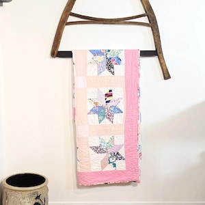 Vintage Pink Star Patchwork Quilt, Handmade Scrappy Star Quilt, Hand Quilted Cottage Textile, Folk Art Quilt, Vintage Throw Quilt