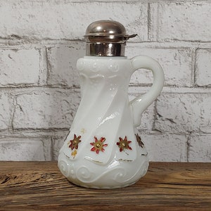 Antiker Milchglas Sirup Spender. Circa Ende 1800, handbemalt