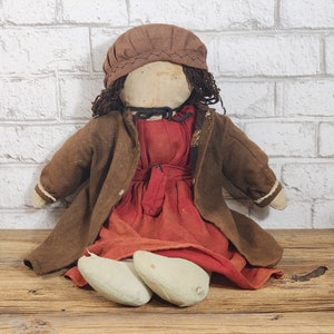 Antieke doopsgezinde amish handgemaakte stoffen pop begin 20e eeuw vintage volkskunstpop primitieve prairiedecor verzamelobject museumkwaliteit