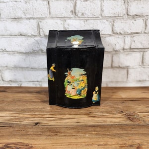 Antique Vintage Black Tea Tin Canister | Boston Tea Co Collectible | Decoupage Dutch Children Scenes, Floral Decor