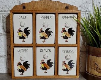 Vintage 50s Kitchen Wall Spice Rack Rooster Range Set Brown Wood Spice Set Salt and Pepper Spice Cruets Japan Ceramic Etsy