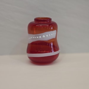 Vintage Orange Art Glass Vase – Hand Blown Murano Style Glass – White Swirl & Raised Dots – Mid Century Modern Retro Decor