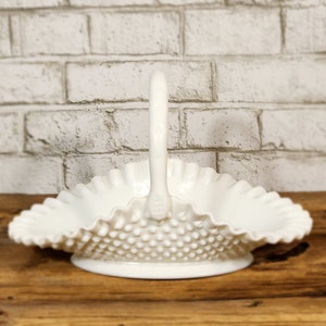 Vintage Fenton Milk Glass Basket – Hobnail Ruffled Edge White Glass, Midcentury American Milkglass Decor
