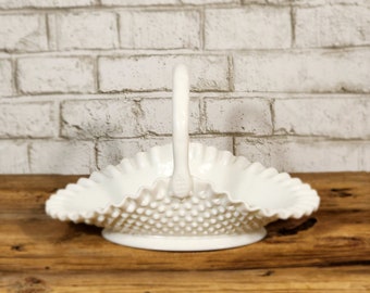 Vintage Fenton milk glass basket with ruffeled edge and hobnail details