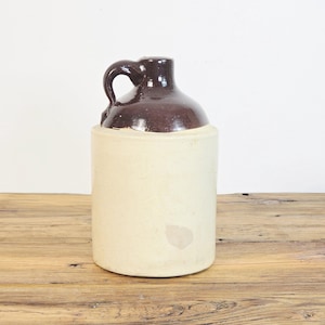 Pichet antique en grès bicolore, pot à whisky émaillé au sel, poterie primitive, grès campagnard beige et marron, fin des années 1800