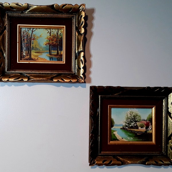 Vintage Oil on Board Signed Canadian Landscape 4 x 5 paintings in a 9 x 8 wood vintage frame with burgundy velour contour.