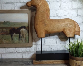 Hand Carved Wooden Horse Bust,  American Folk Art, Primitive carved horse on Iron rods.