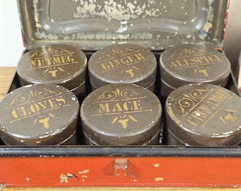 Antique Spice Box with 6 Original Canisters, Red Japanned Tin, Primitive Kitchen Storage, 1930s kitchen
