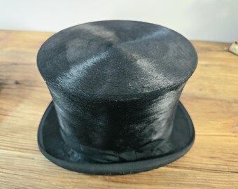 Antique Silk Plush Top Hat With Leather Case Victorian 19th