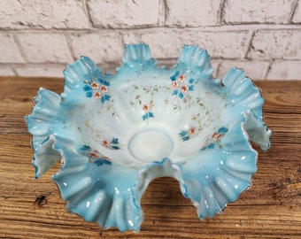 Antique American art glass, milk glass bridal basket bowl, 19th century bridal gift.