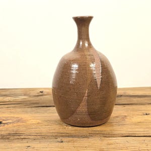 Brown Studio Pottery Vase – Signed Stoneware Bud Bottle – Handmade Canadian Ceramic Decor