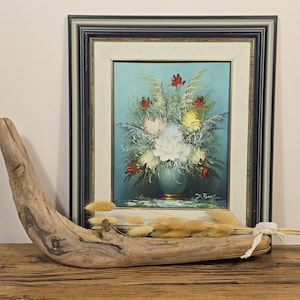Vintage Floral Still Life Oil Painting on Board – Signed D. Perry – Framed Midcentury Wall Art