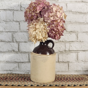 Antique Two-Toned Crock | Saltglazed Moonshine Stoneware Jug | 1800s Beige and Brown Ceramic Whiskey Jug