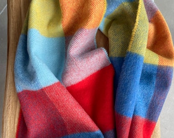 100% cashmere scarf, Made in Scotland, warm and delicate, classic multi coloured pattern