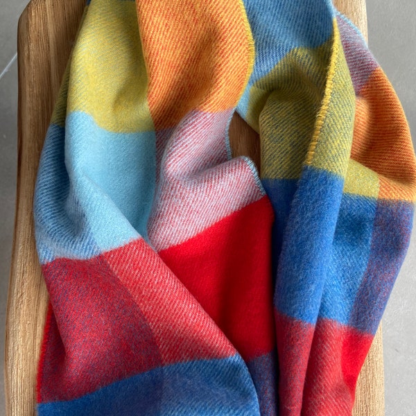 100% cashmere scarf, Made in Scotland, warm and delicate, classic multi coloured pattern