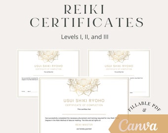 Certificados de Reiki - Niveles I, II y Maestría - Plantilla PDF y Canva completable