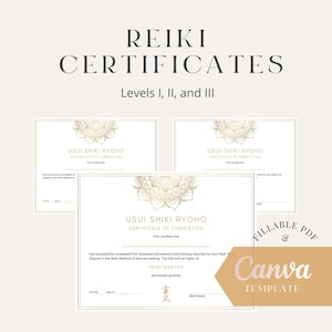 May include: A printable certificate template for Reiki practitioners. The certificate features a gold mandala design and the text "Usui Shiki Ryoho Certificate of Completion".