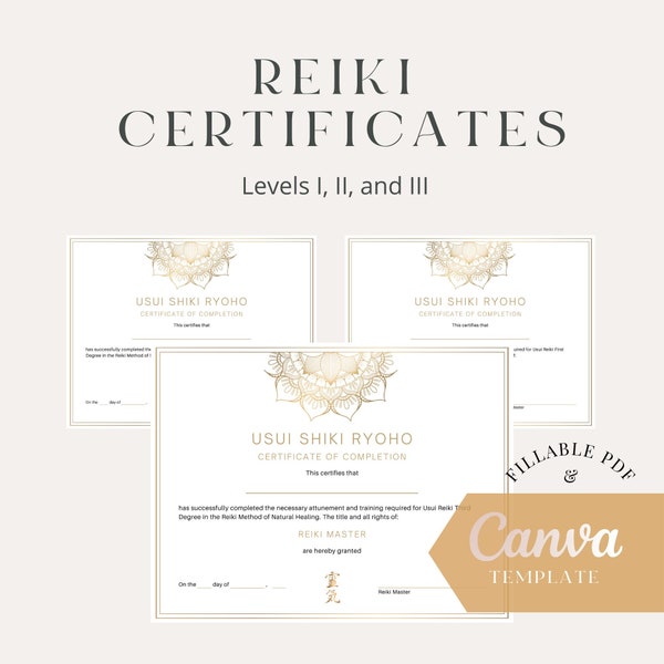 Certificados de Reiki - Niveles I, II y Maestría - Plantilla PDF y Canva completable
