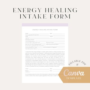 May include: A printable energy healing intake form with a light purple background. The form includes sections for client information, emergency contact, current medications, and questions about the client's health history and sensitivity to touch. The form also includes a statement about the nature of energy healing and its limitations.