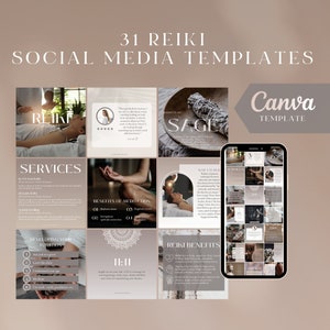 May include: A set of 31 social media templates for Reiki practitioners. The templates feature a variety of designs, including images of hands, crystals, and sage. The templates are designed to be used on platforms like Instagram and Facebook.
